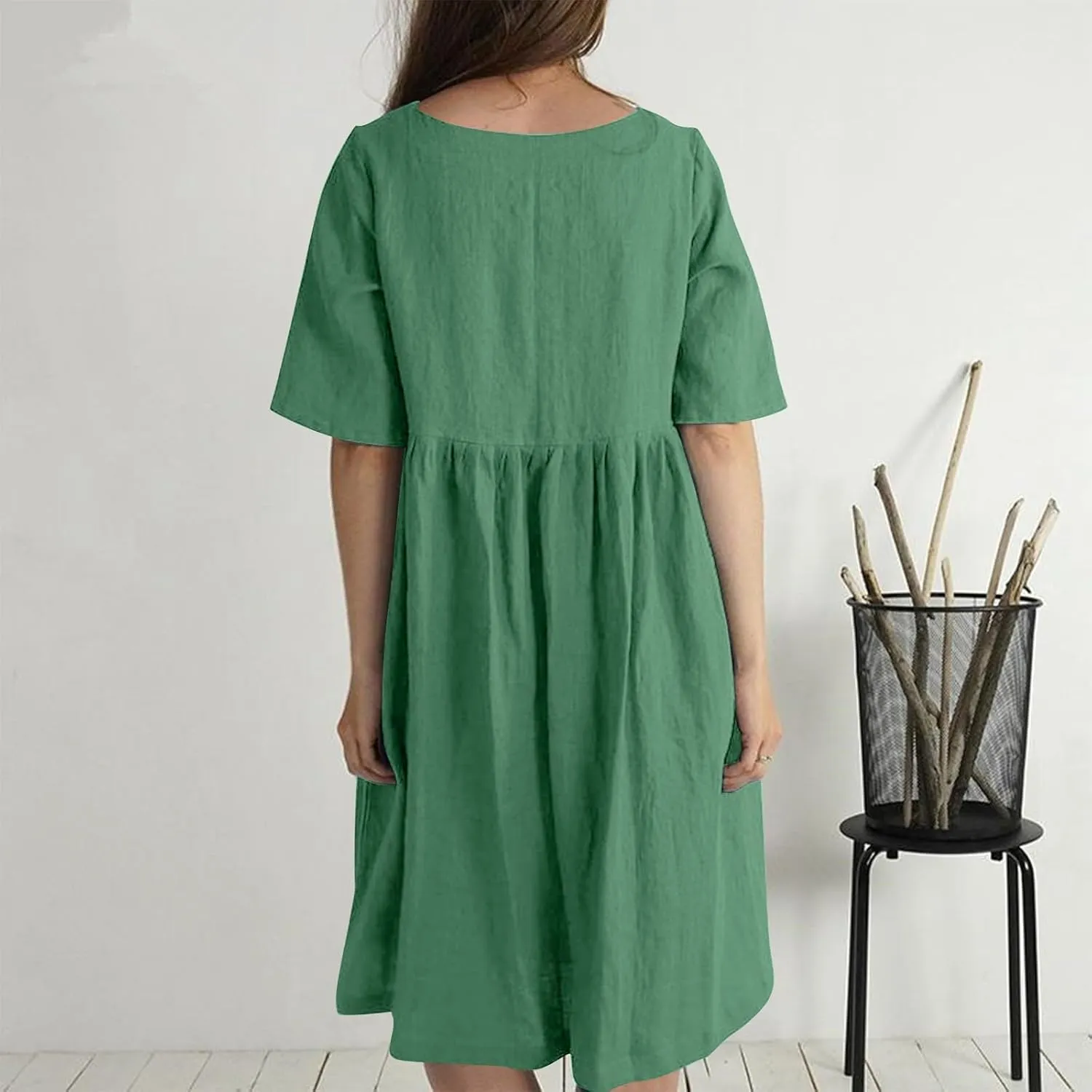 XUNRYAN Women's Summer Dresses Cotton Linen Casual Button Crewneck Midi Dress Half Sleeve Sundress Beach Vacation Outfit