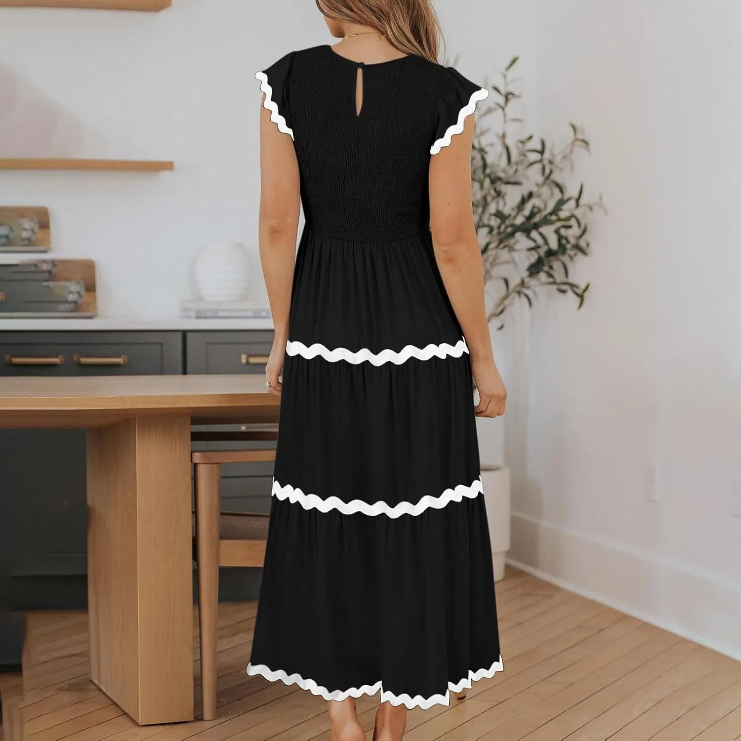 XUNRYAN Women's Summer Dresses Flutter Short Sleeve Smocked Midi Dress Casual Rickrack Tiered Flowy Sundress Vacation Outfit