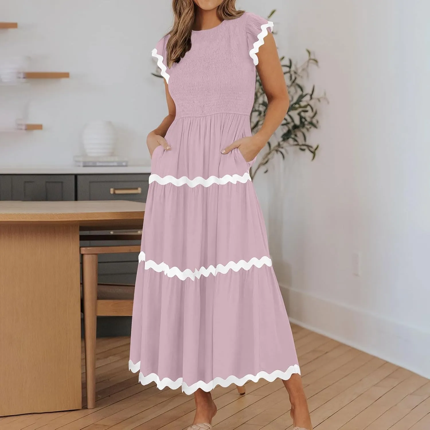 XUNRYAN Women's Summer Dresses Flutter Short Sleeve Smocked Midi Dress Casual Rickrack Tiered Flowy Sundress Vacation Outfit