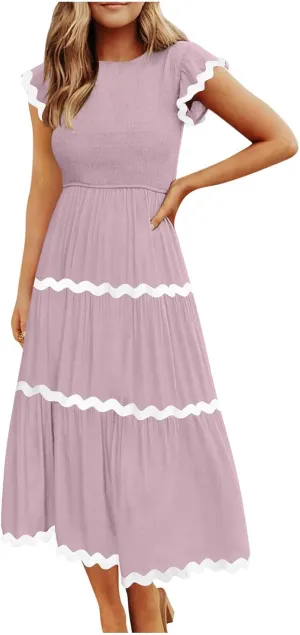 XUNRYAN Women's Summer Dresses Flutter Short Sleeve Smocked Midi Dress Casual Rickrack Tiered Flowy Sundress Vacation Outfit
