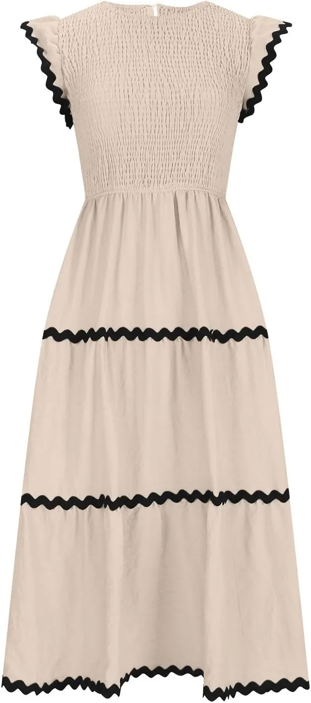 XUNRYAN Women's Summer Dresses Flutter Short Sleeve Smocked Midi Dress Casual Rickrack Tiered Flowy Sundress Vacation Outfit