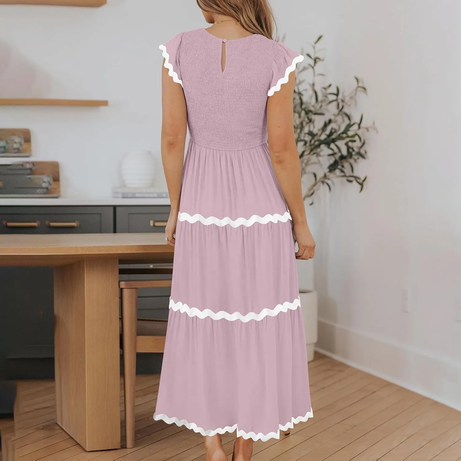 XUNRYAN Women's Summer Dresses Flutter Short Sleeve Smocked Midi Dress Casual Rickrack Tiered Flowy Sundress Vacation Outfit