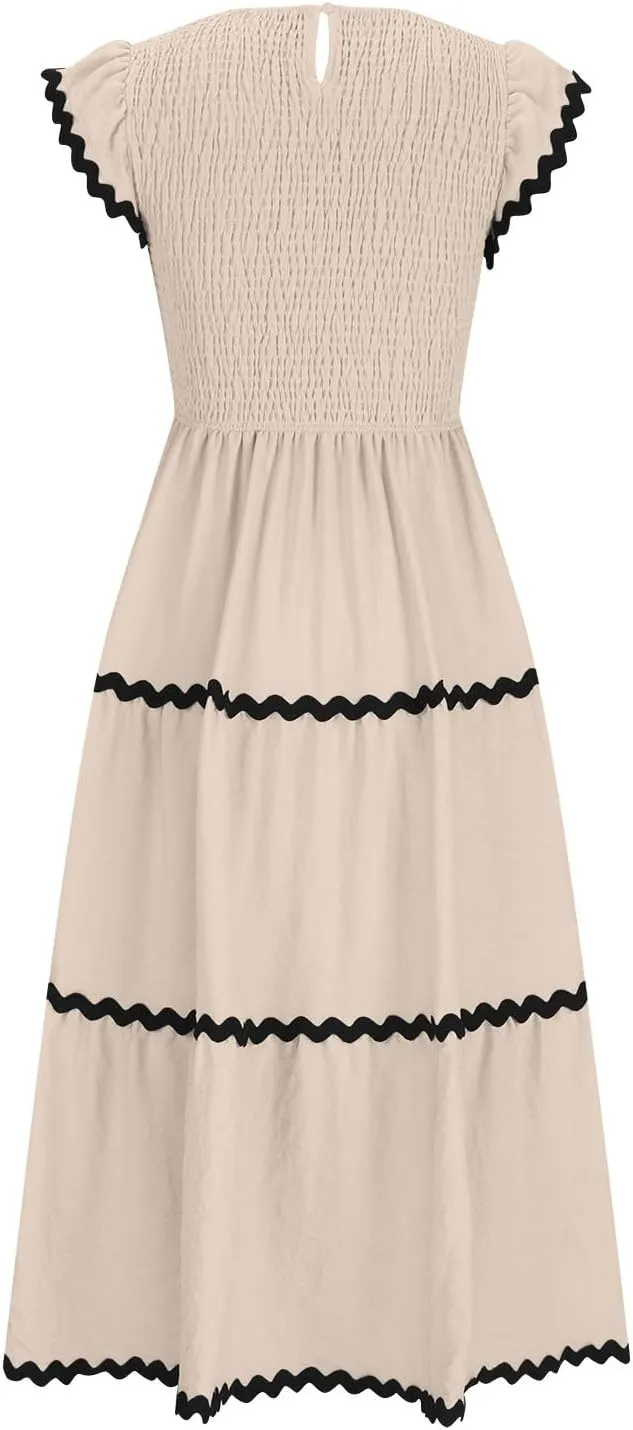 XUNRYAN Women's Summer Dresses Flutter Short Sleeve Smocked Midi Dress Casual Rickrack Tiered Flowy Sundress Vacation Outfit