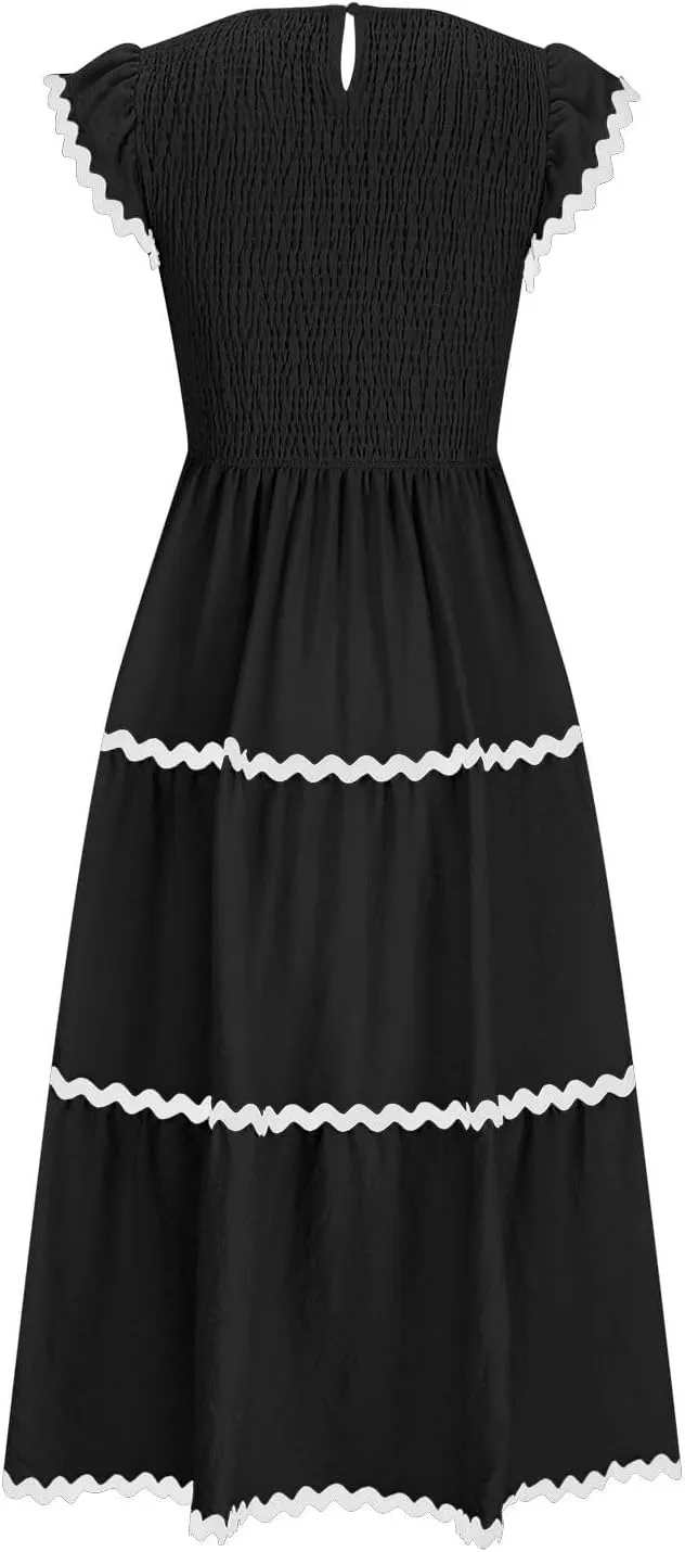 XUNRYAN Women's Summer Dresses Flutter Short Sleeve Smocked Midi Dress Casual Rickrack Tiered Flowy Sundress Vacation Outfit