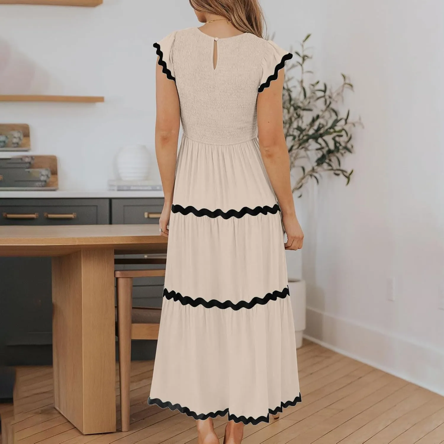 XUNRYAN Women's Summer Dresses Flutter Short Sleeve Smocked Midi Dress Casual Rickrack Tiered Flowy Sundress Vacation Outfit