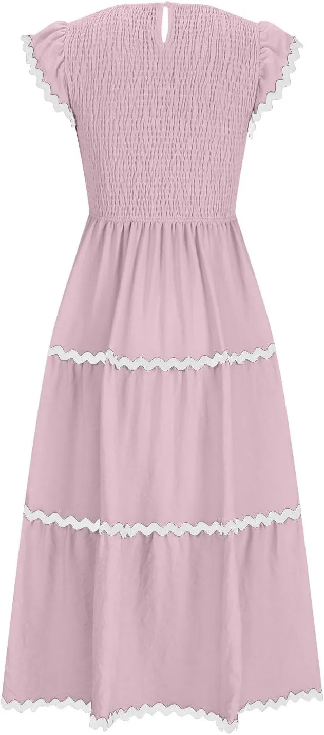 XUNRYAN Women's Summer Dresses Flutter Short Sleeve Smocked Midi Dress Casual Rickrack Tiered Flowy Sundress Vacation Outfit