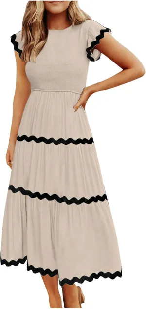 XUNRYAN Women's Summer Dresses Flutter Short Sleeve Smocked Midi Dress Casual Rickrack Tiered Flowy Sundress Vacation Outfit
