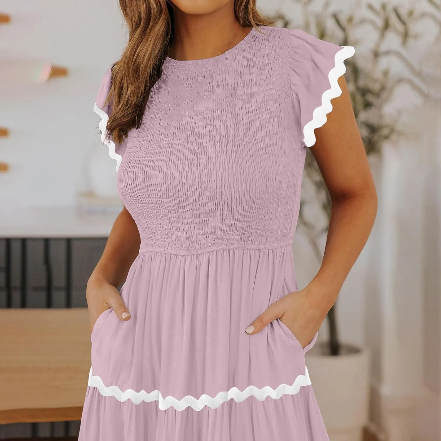 XUNRYAN Women's Summer Dresses Flutter Short Sleeve Smocked Midi Dress Casual Rickrack Tiered Flowy Sundress Vacation Outfit