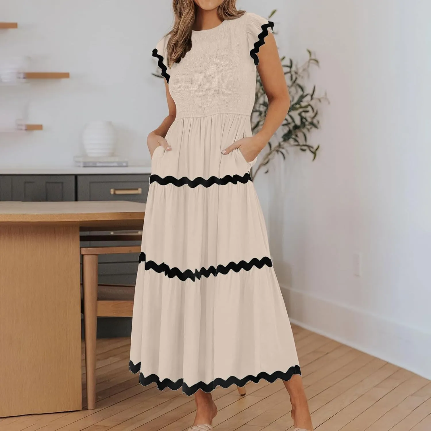 XUNRYAN Women's Summer Dresses Flutter Short Sleeve Smocked Midi Dress Casual Rickrack Tiered Flowy Sundress Vacation Outfit