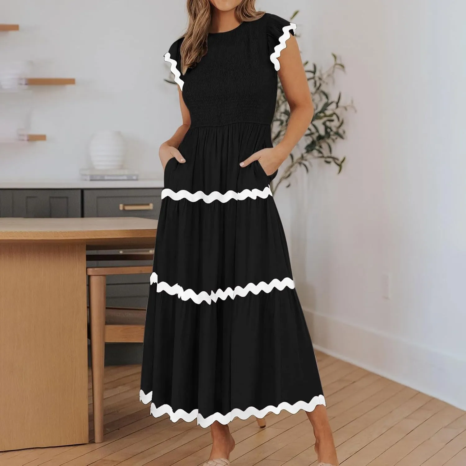 XUNRYAN Women's Summer Dresses Flutter Short Sleeve Smocked Midi Dress Casual Rickrack Tiered Flowy Sundress Vacation Outfit