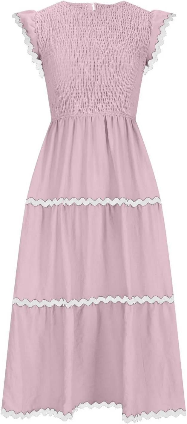 XUNRYAN Women's Summer Dresses Flutter Short Sleeve Smocked Midi Dress Casual Rickrack Tiered Flowy Sundress Vacation Outfit