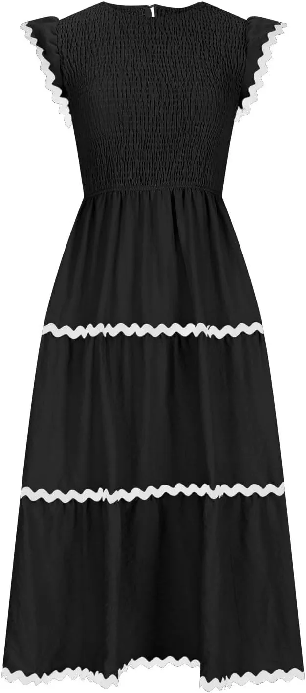 XUNRYAN Women's Summer Dresses Flutter Short Sleeve Smocked Midi Dress Casual Rickrack Tiered Flowy Sundress Vacation Outfit