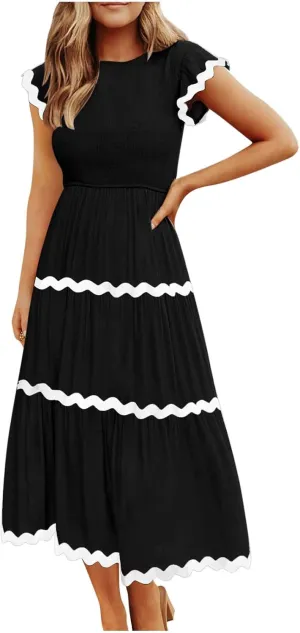 XUNRYAN Women's Summer Dresses Flutter Short Sleeve Smocked Midi Dress Casual Rickrack Tiered Flowy Sundress Vacation Outfit