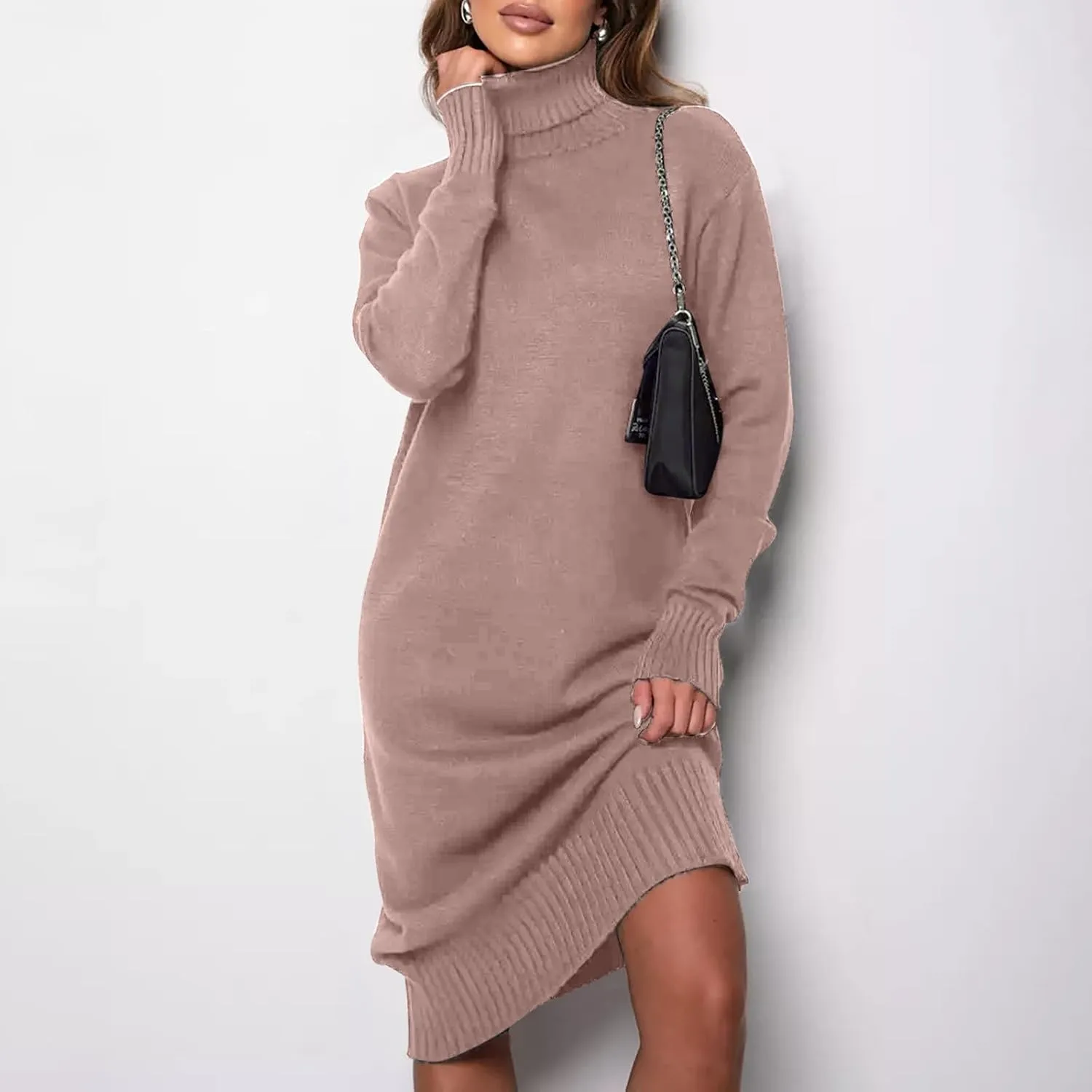 XUNRYAN Women's Sweater Dress Spring High Neck Casual Slim Fit Chunky Knit Long Sleeve Sweaters Dresses Winter Fall Outfit