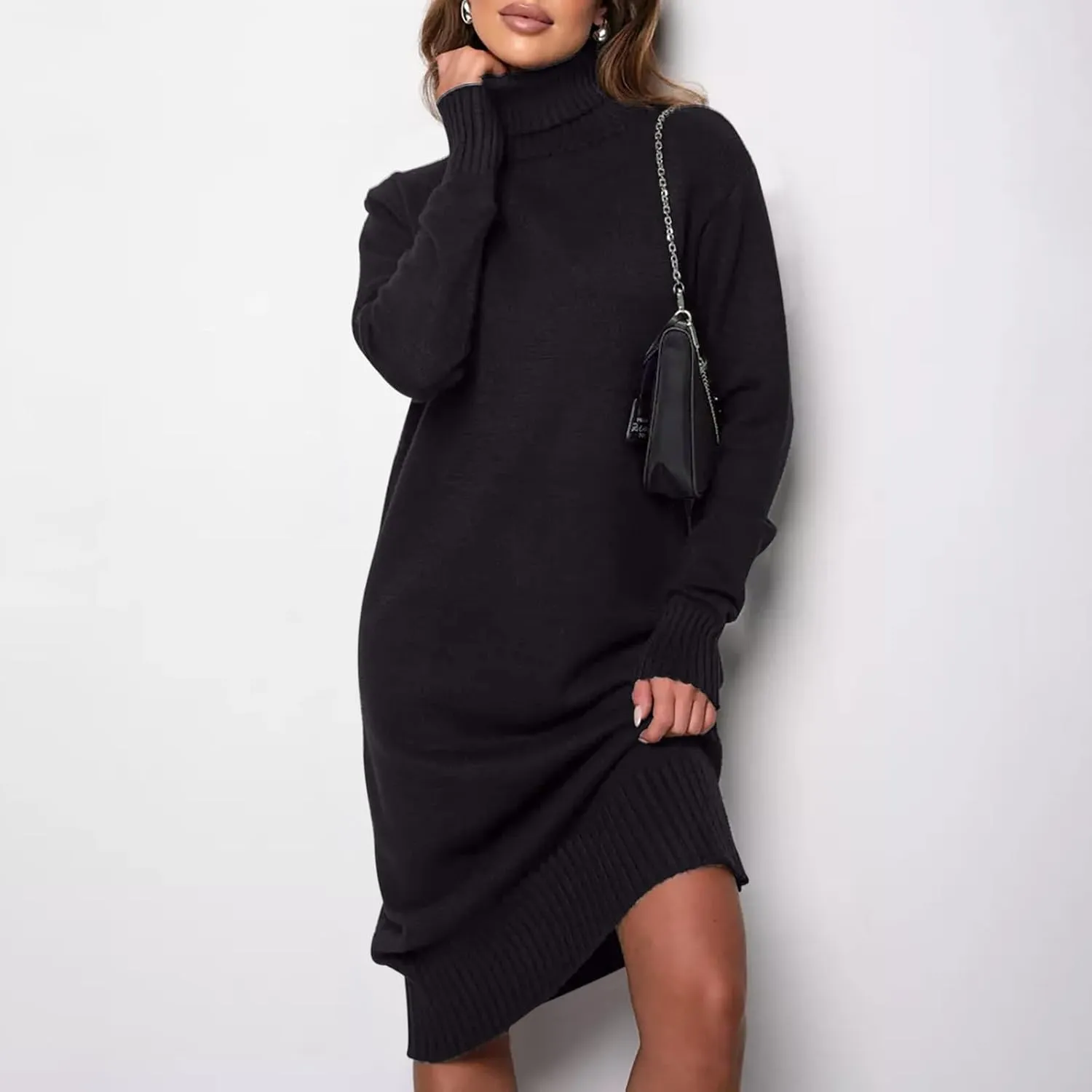 XUNRYAN Women's Sweater Dress Spring High Neck Casual Slim Fit Chunky Knit Long Sleeve Sweaters Dresses Winter Fall Outfit