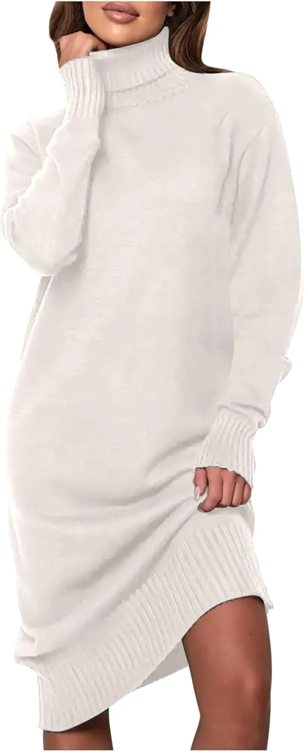 XUNRYAN Women's Sweater Dress Spring High Neck Casual Slim Fit Chunky Knit Long Sleeve Sweaters Dresses Winter Fall Outfit