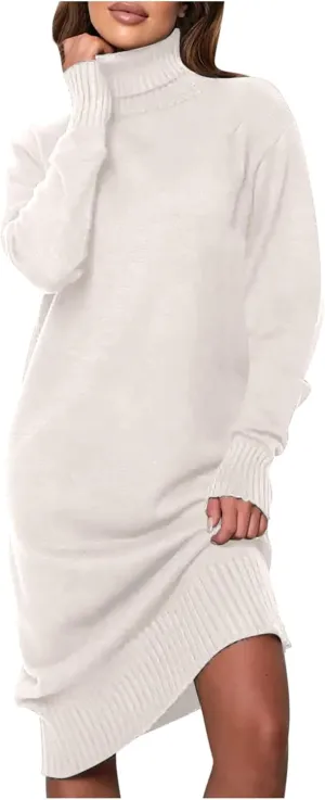 XUNRYAN Women's Sweater Dress Spring High Neck Casual Slim Fit Chunky Knit Long Sleeve Sweaters Dresses Winter Fall Outfit