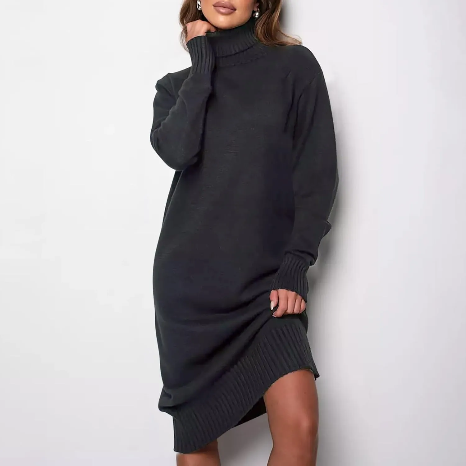 XUNRYAN Women's Sweater Dress Spring High Neck Casual Slim Fit Chunky Knit Long Sleeve Sweaters Dresses Winter Fall Outfit