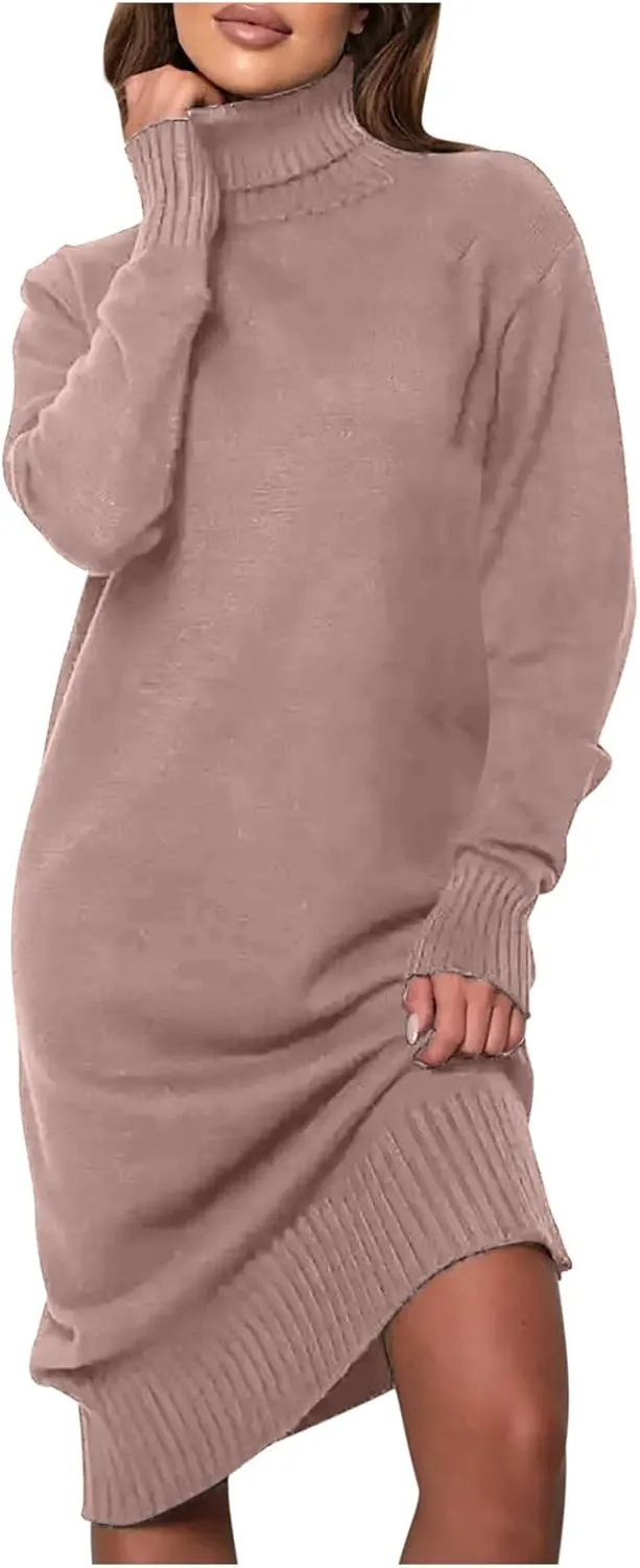 XUNRYAN Women's Sweater Dress Spring High Neck Casual Slim Fit Chunky Knit Long Sleeve Sweaters Dresses Winter Fall Outfit