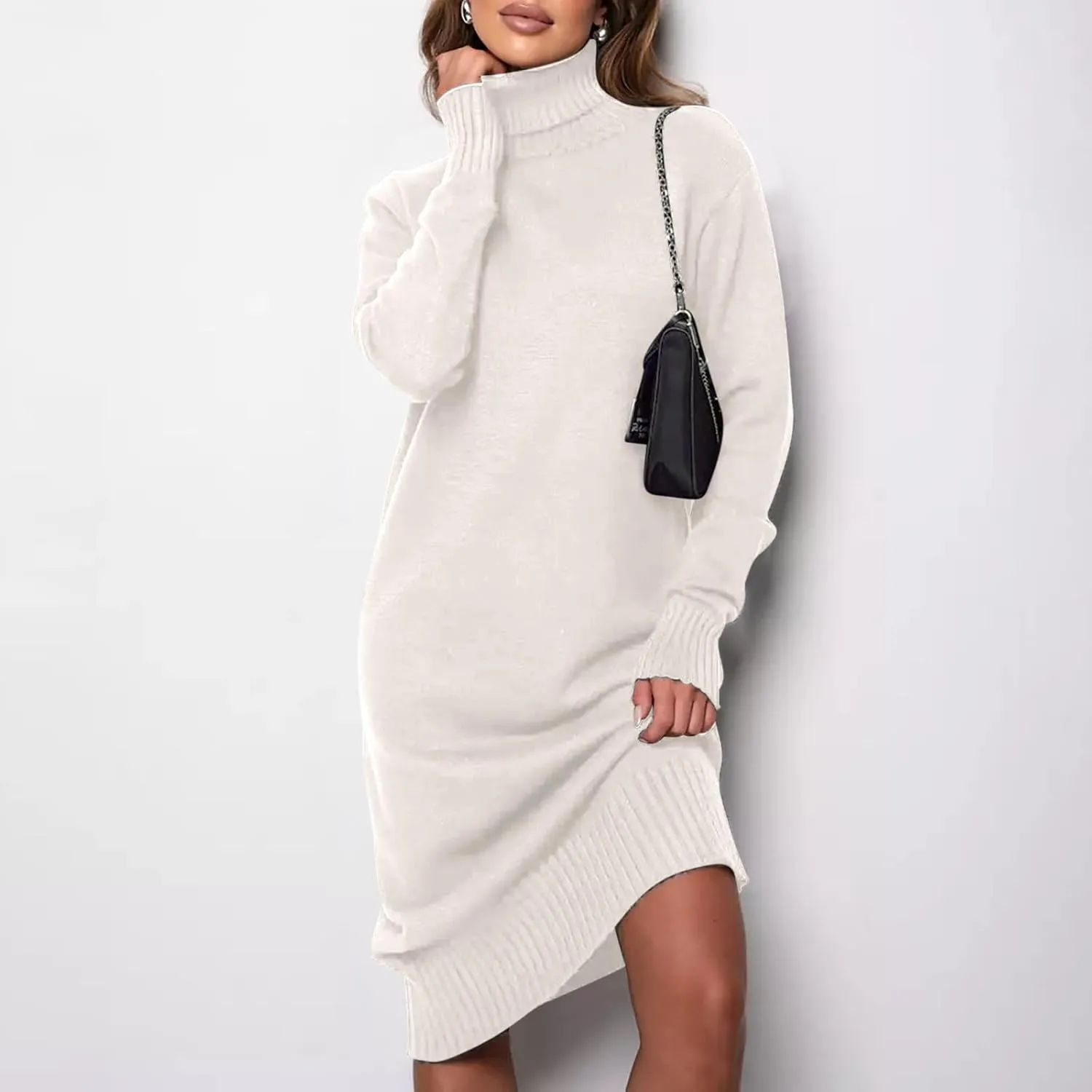 XUNRYAN Women's Sweater Dress Spring High Neck Casual Slim Fit Chunky Knit Long Sleeve Sweaters Dresses Winter Fall Outfit