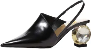 XYD Women Low Heel Edgy Pointed Toe Pumps Slip On Comfort Slingback Strap Crystal Chunky Heeled Sandals Party Fashion Show Shoes