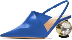 XYD Women Low Heel Edgy Pointed Toe Pumps Slip On Comfort Slingback Strap Crystal Chunky Heeled Sandals Party Fashion Show Shoes