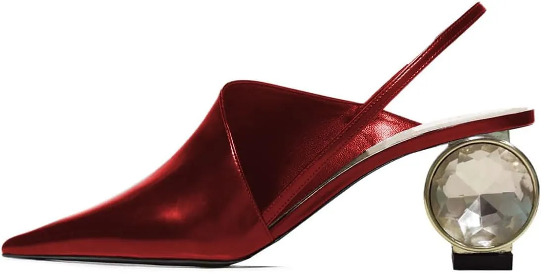 XYD Women Low Heel Edgy Pointed Toe Pumps Slip On Comfort Slingback Strap Crystal Chunky Heeled Sandals Party Fashion Show Shoes
