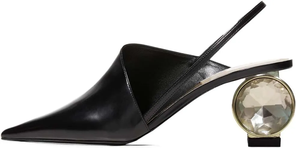 XYD Women Low Heel Edgy Pointed Toe Pumps Slip On Comfort Slingback Strap Crystal Chunky Heeled Sandals Party Fashion Show Shoes