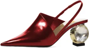 XYD Women Low Heel Edgy Pointed Toe Pumps Slip On Comfort Slingback Strap Crystal Chunky Heeled Sandals Party Fashion Show Shoes
