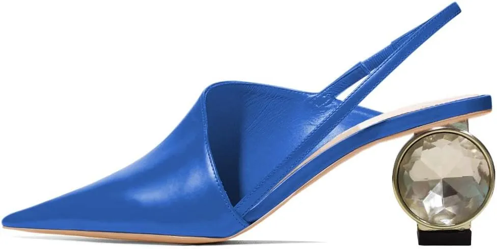 XYD Women Low Heel Edgy Pointed Toe Pumps Slip On Comfort Slingback Strap Crystal Chunky Heeled Sandals Party Fashion Show Shoes