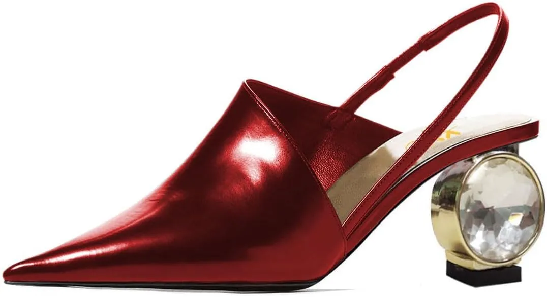 XYD Women Low Heel Edgy Pointed Toe Pumps Slip On Comfort Slingback Strap Crystal Chunky Heeled Sandals Party Fashion Show Shoes