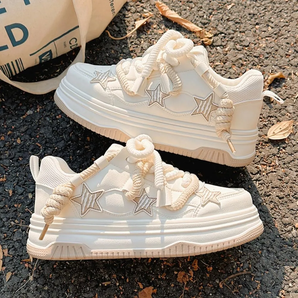 Y2K Korean Chunky Star Creamy Sneakers, Kawaii Anime Beige & White, Breathable Shoes for Women, Ins Outfit for Students Travel, Trendy Gift for Daughter