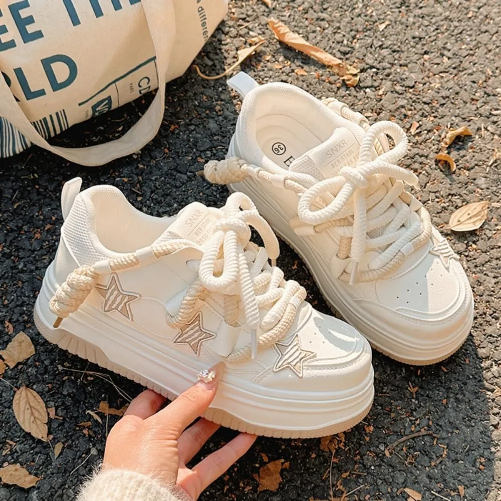 Y2K Korean Chunky Star Creamy Sneakers, Kawaii Anime Beige & White, Breathable Shoes for Women, Ins Outfit for Students Travel, Trendy Gift for Daughter