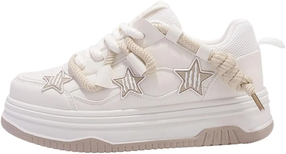 Y2K Korean Chunky Star Creamy Sneakers, Kawaii Anime Beige & White, Breathable Shoes for Women, Ins Outfit for Students Travel, Trendy Gift for Daughter