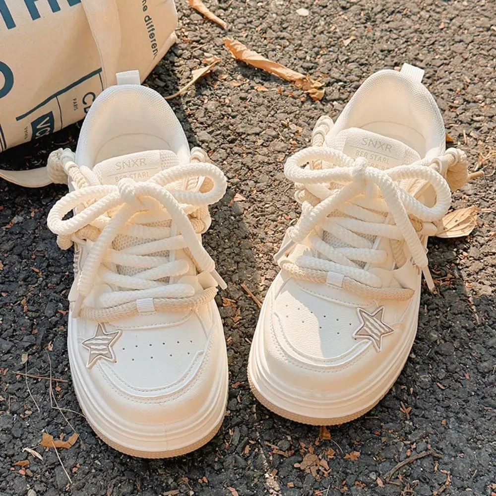 Y2K Korean Chunky Star Creamy Sneakers, Kawaii Anime Beige & White, Breathable Shoes for Women, Ins Outfit for Students Travel, Trendy Gift for Daughter