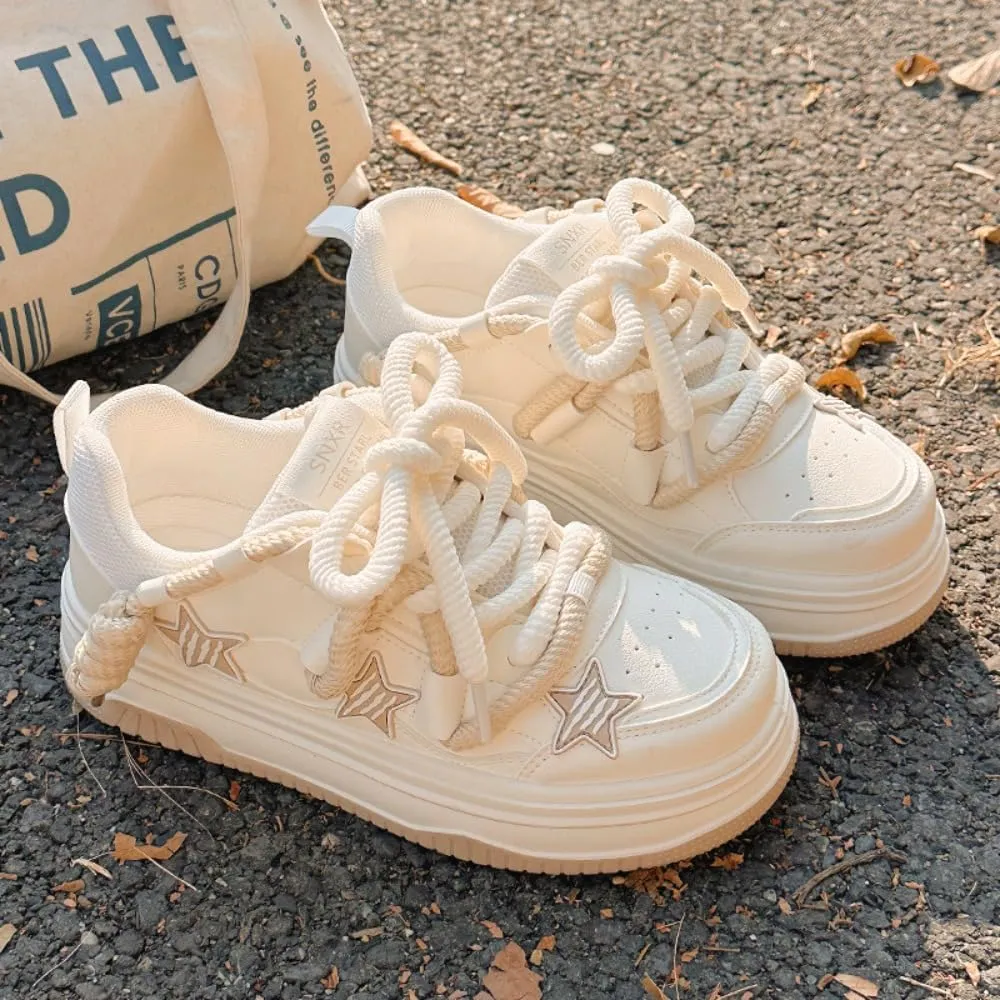 Y2K Korean Chunky Star Creamy Sneakers, Kawaii Anime Beige & White, Breathable Shoes for Women, Ins Outfit for Students Travel, Trendy Gift for Daughter
