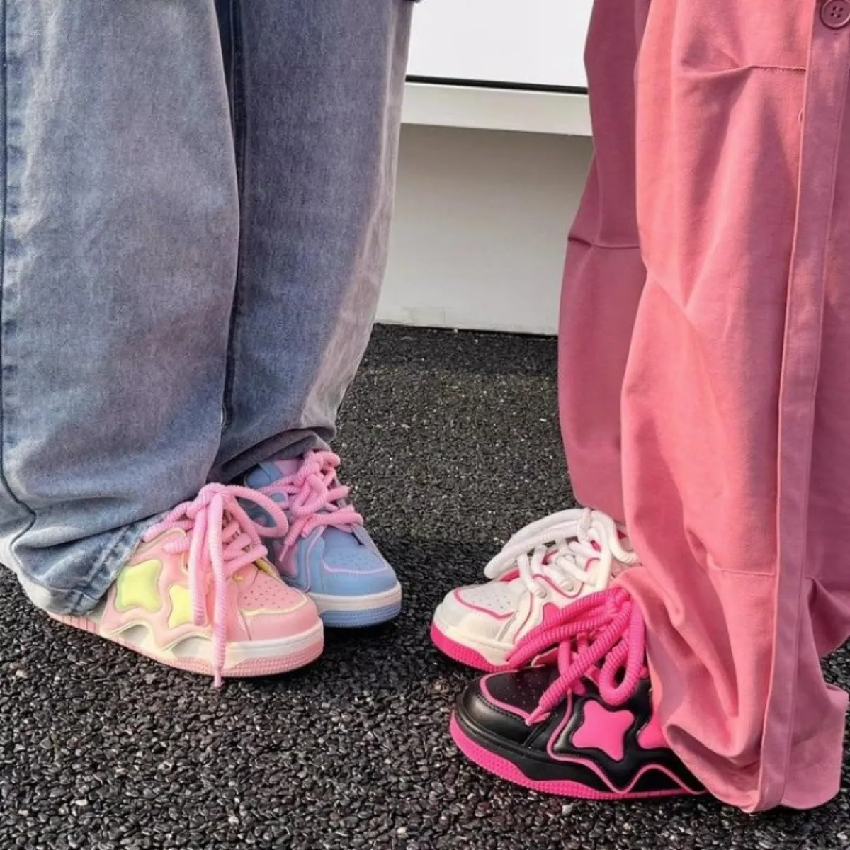 Y2K Slippers Walking Sneakers for Women Kawaii Colorful Star Chunky Platform Shoes Aesthetic Laces Up Streetwear Fit Well