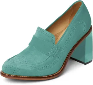 YDN Women Vintage Closed Round Toe Perforated Loafers Mid High Block Heel Slip On Pumps Office Party Retro Shoes Size 4-16 US