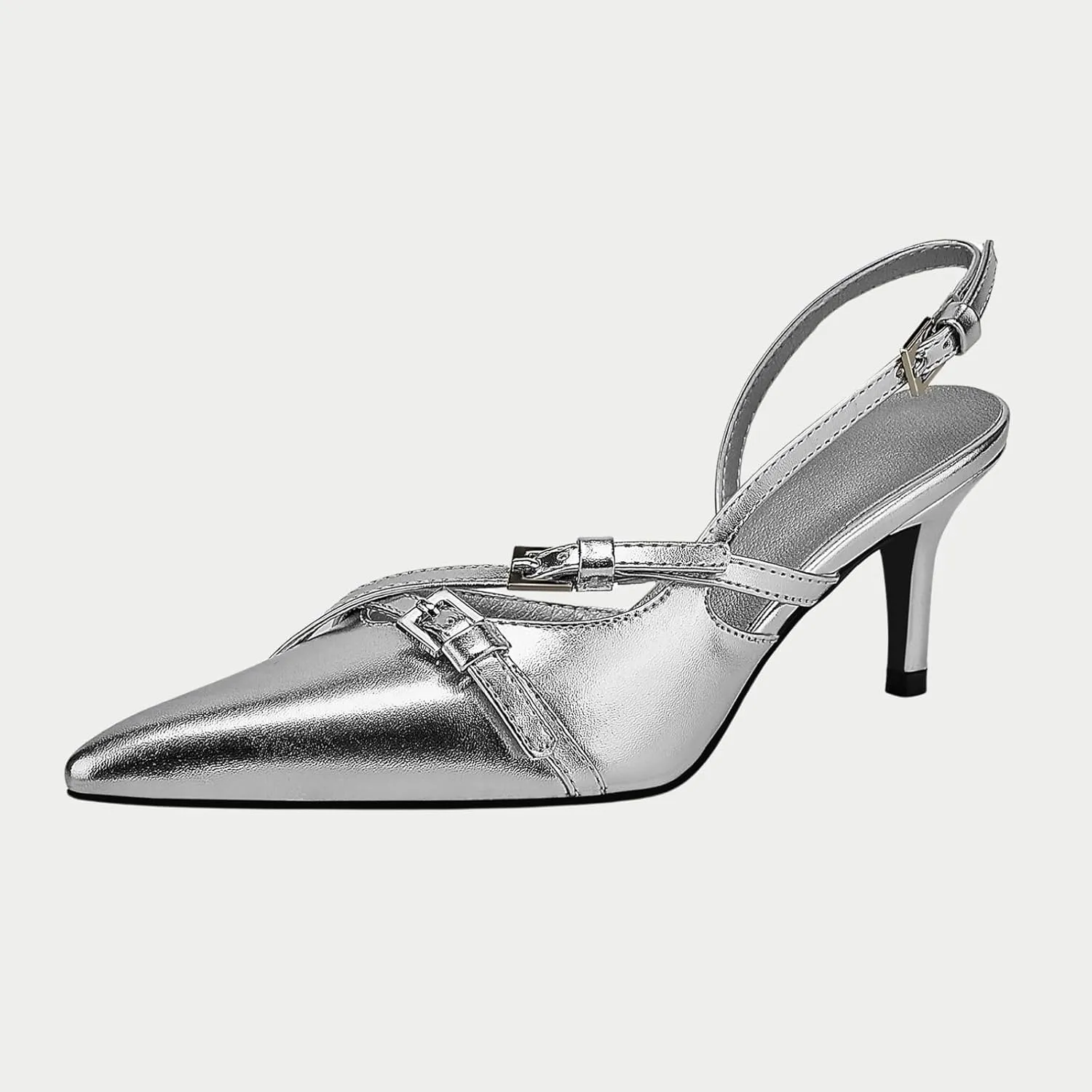 Yishaweiqi Slingback Kitten Heels for Women Buckle Strap Pointed Toe Dress Pumps Shoes Slip On Heeled Sandals