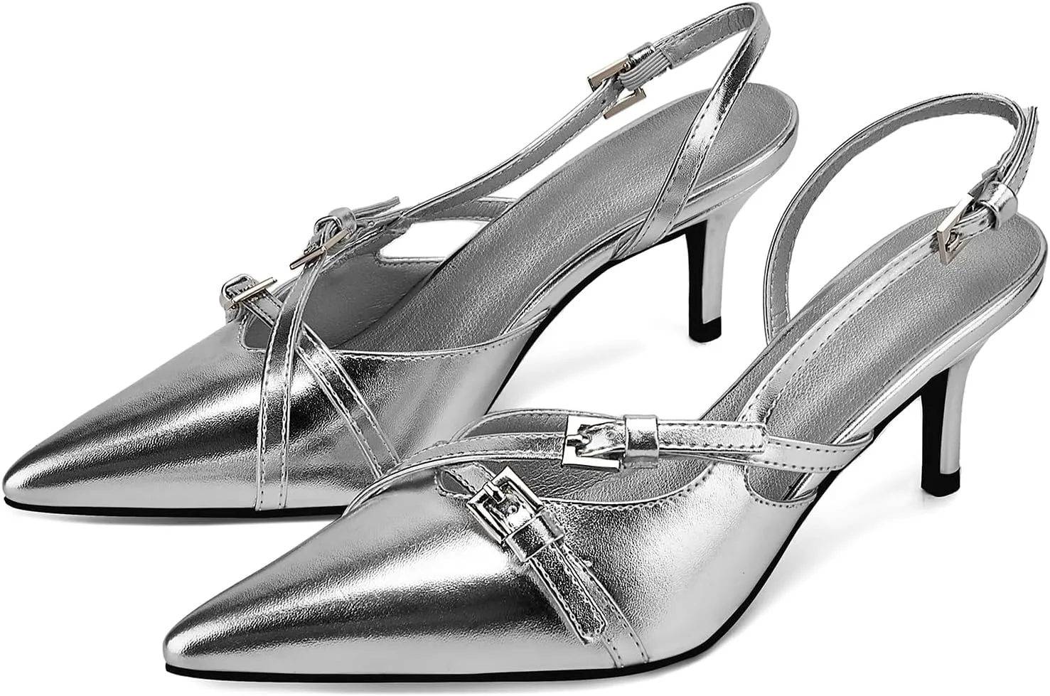 Yishaweiqi Slingback Kitten Heels for Women Buckle Strap Pointed Toe Dress Pumps Shoes Slip On Heeled Sandals