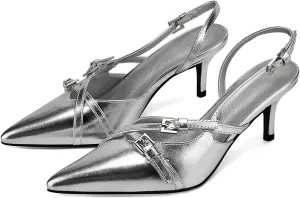 Yishaweiqi Slingback Kitten Heels for Women Buckle Strap Pointed Toe Dress Pumps Shoes Slip On Heeled Sandals