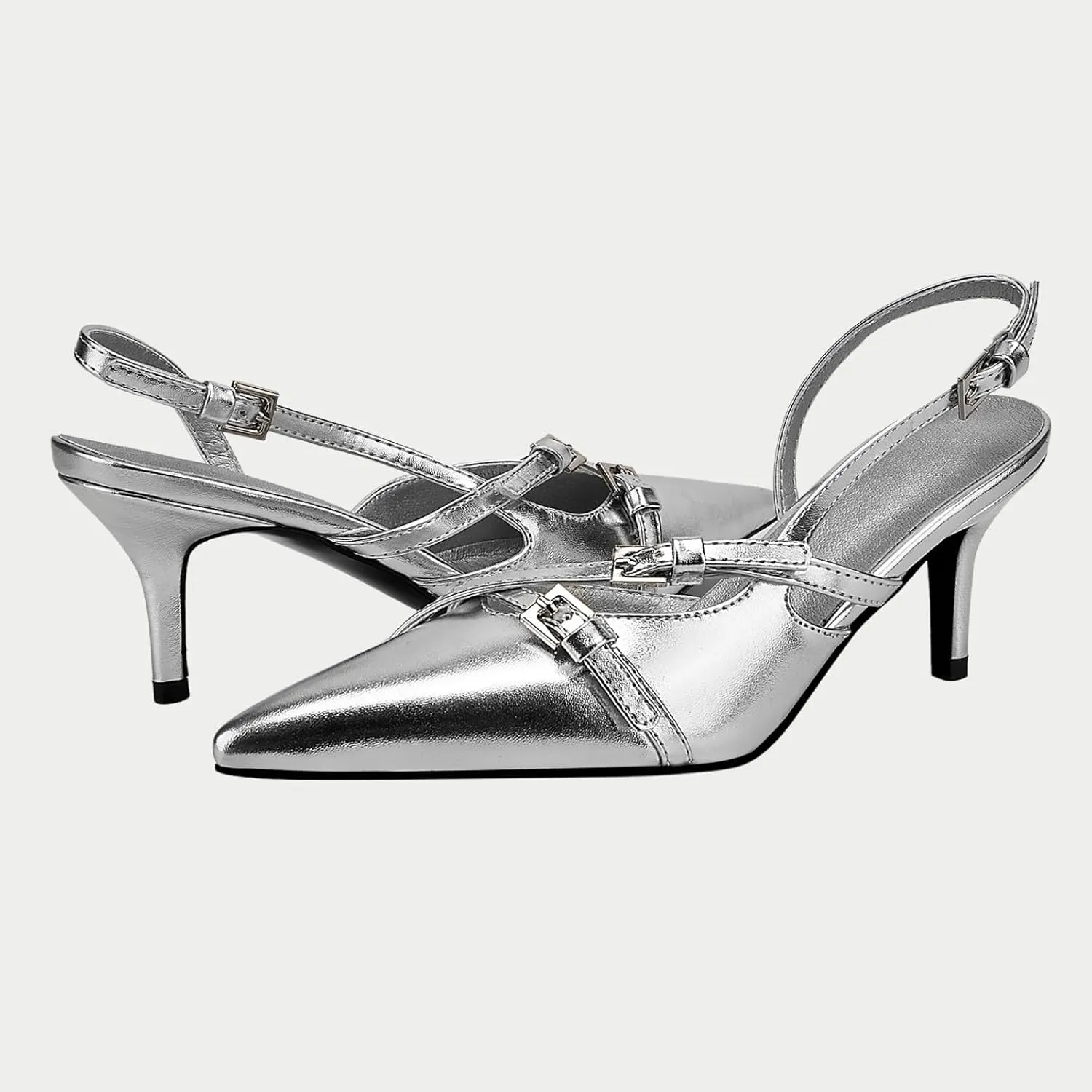 Yishaweiqi Slingback Kitten Heels for Women Buckle Strap Pointed Toe Dress Pumps Shoes Slip On Heeled Sandals
