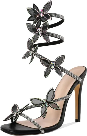 YODEKS Rhinestone Butterfly Heels Sandals Open Toe High Heels Women's Shoes