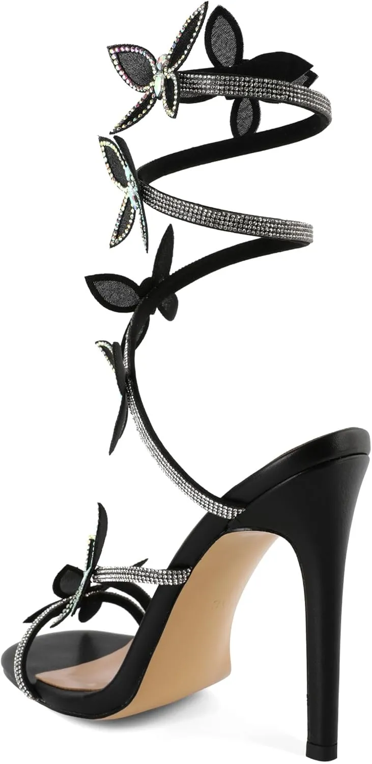 YODEKS Rhinestone Butterfly Heels Sandals Open Toe High Heels Women's Shoes