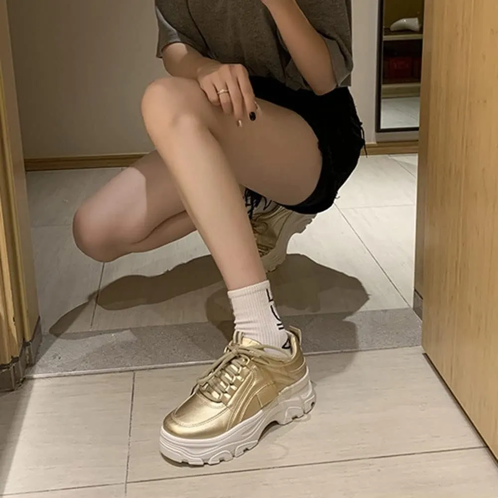 YSMIIH Women Platform Chunky Sneakers Lace up Silver White Cosy Athletic Sports Walking Shoes