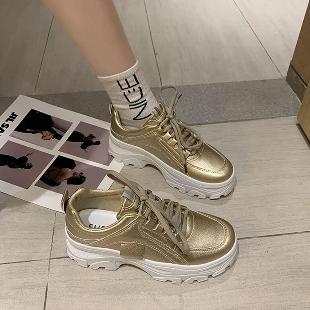 YSMIIH Women Platform Chunky Sneakers Lace up Silver White Cosy Athletic Sports Walking Shoes