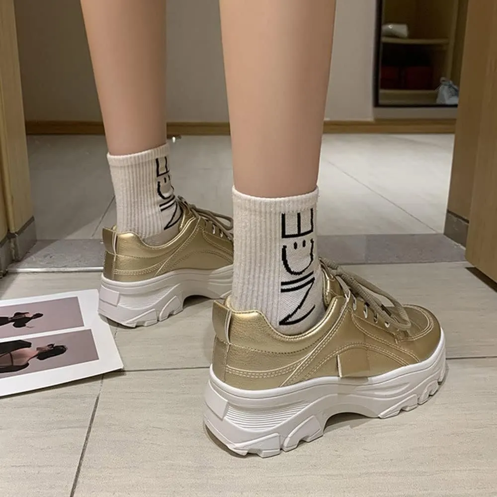 YSMIIH Women Platform Chunky Sneakers Lace up Silver White Cosy Athletic Sports Walking Shoes