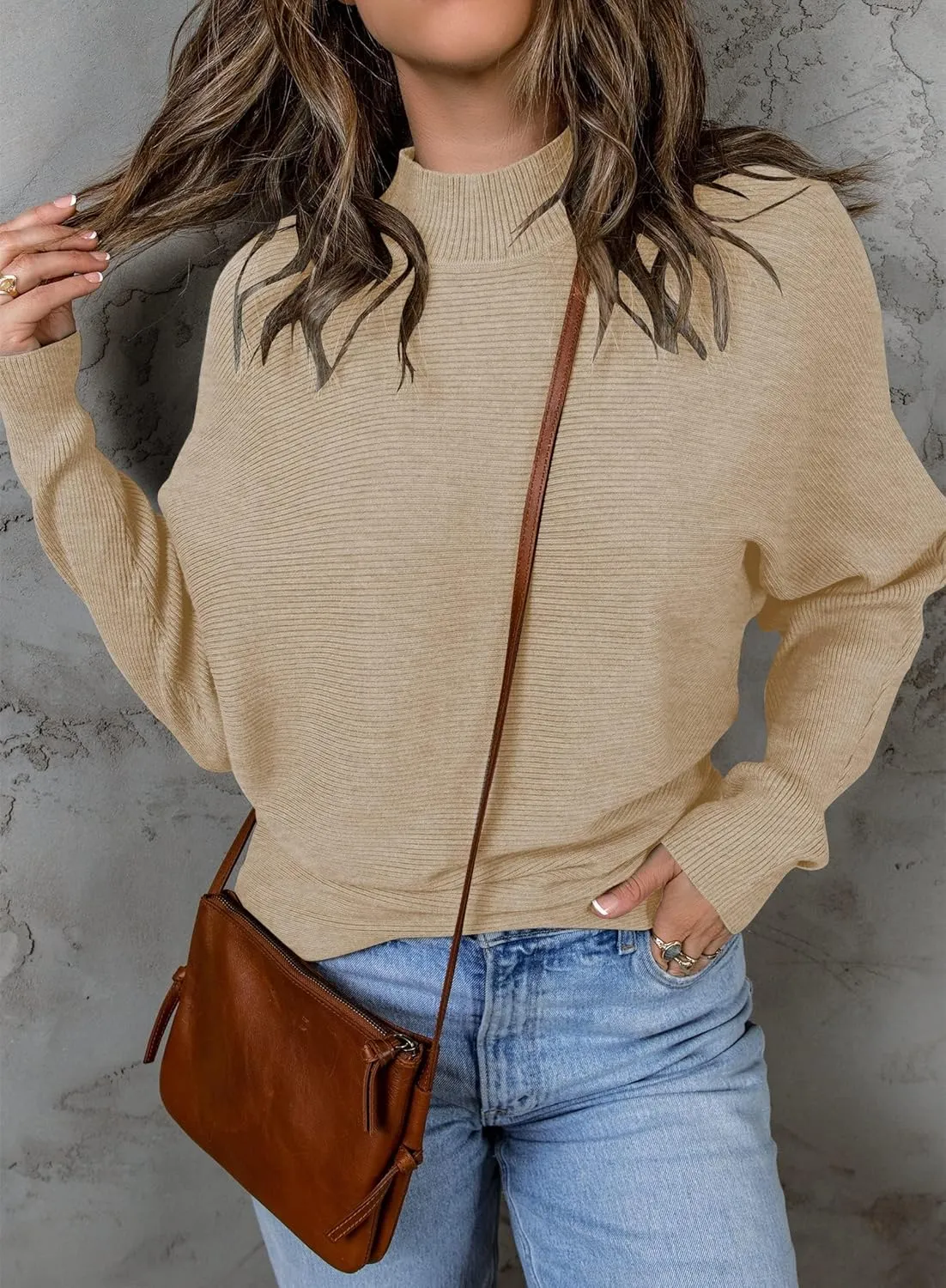 ZESICA Women's Fall Turtleneck Batwing Long Sleeve Ribbed Knit Casual Soft Pullover Sweater Jumper Top