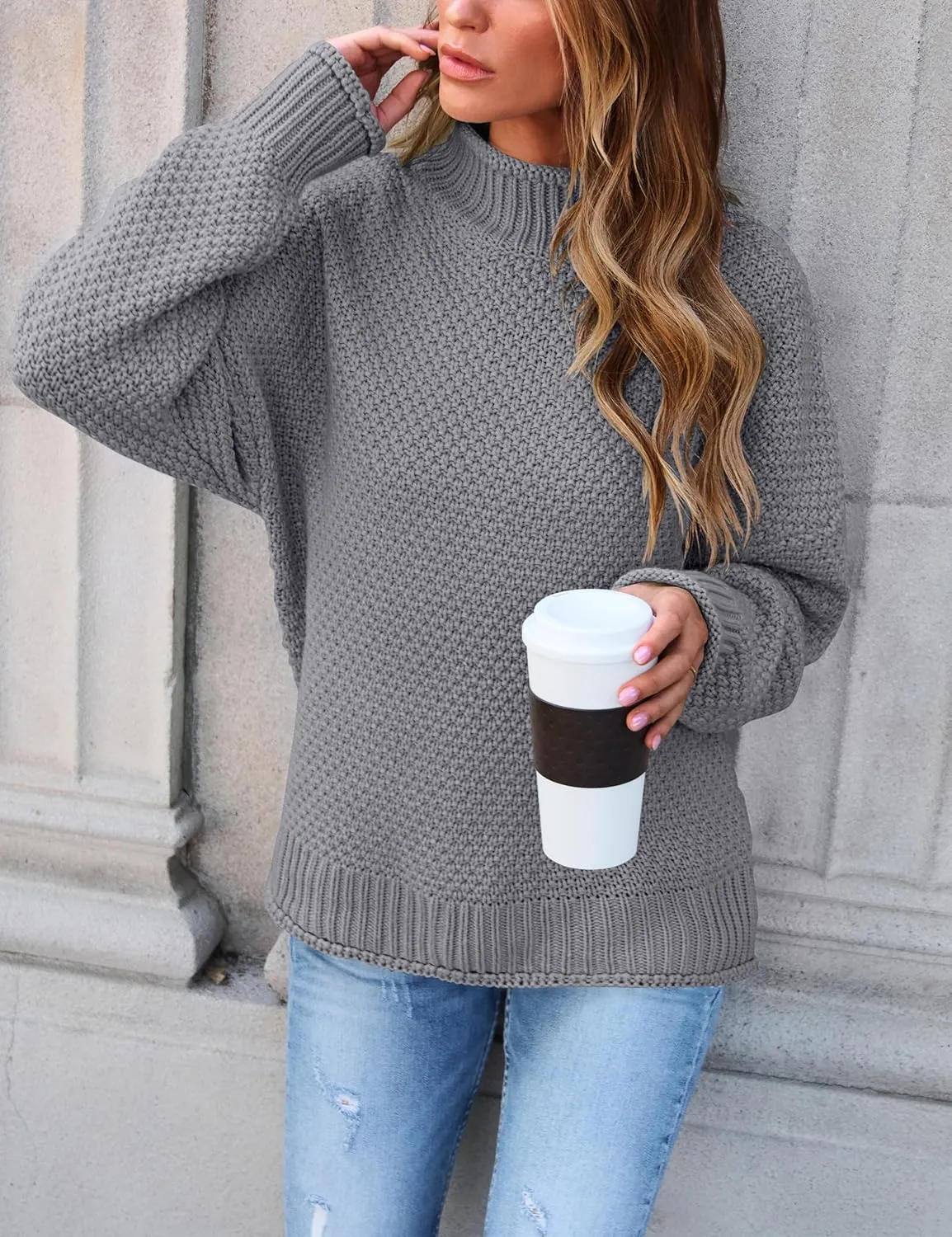 ZESICA Women's Turtleneck Batwing Sleeve Loose Oversized Chunky Knitted Pullover Sweater Jumper Tops