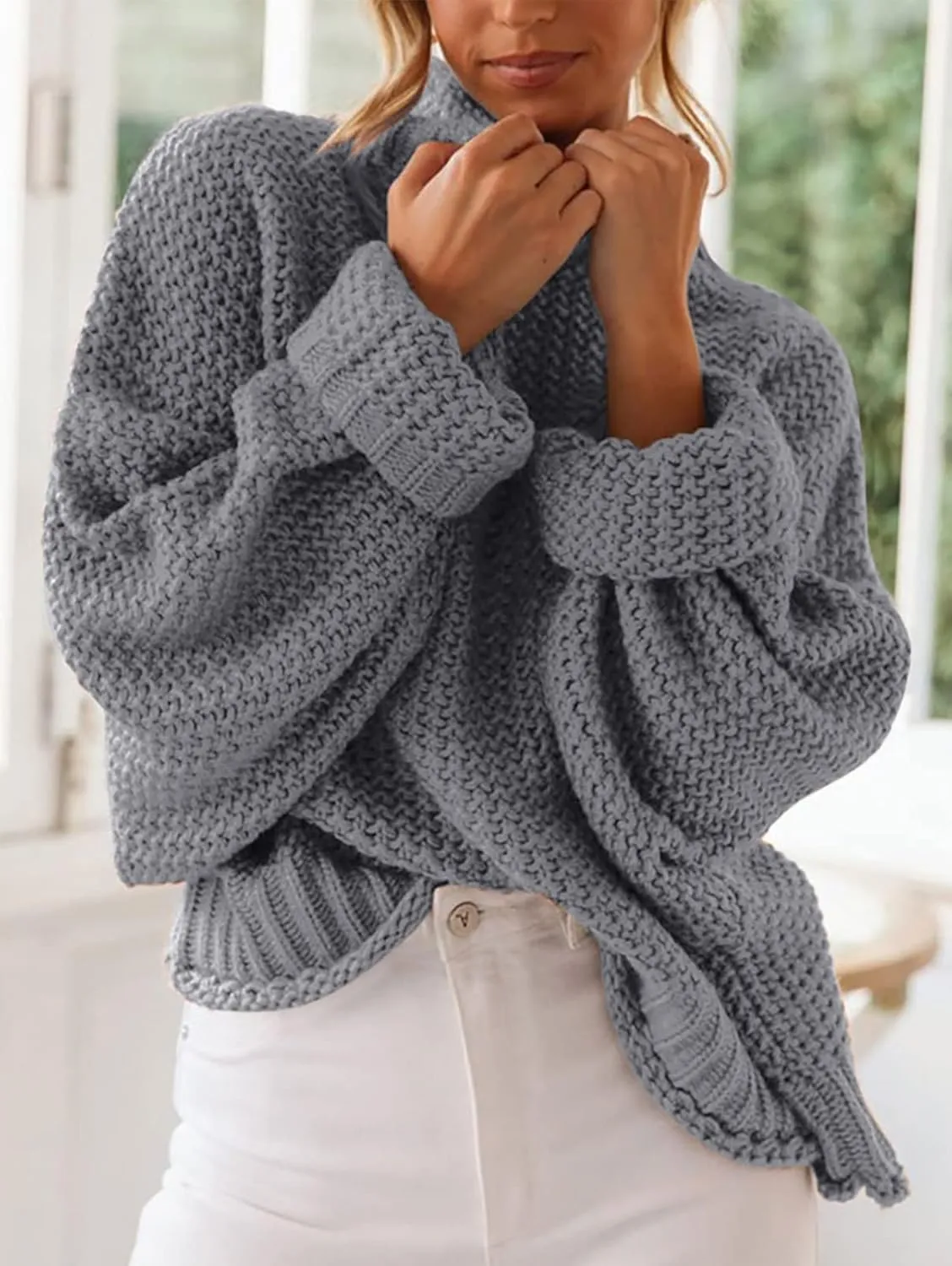 ZESICA Women's Turtleneck Batwing Sleeve Loose Oversized Chunky Knitted Pullover Sweater Jumper Tops